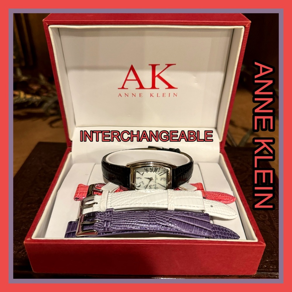 ANNE KLEIN LADIES WATCH W/ INTERCHANGEABLE BANDS- BLACK/PINK/WHITE & PURPLE